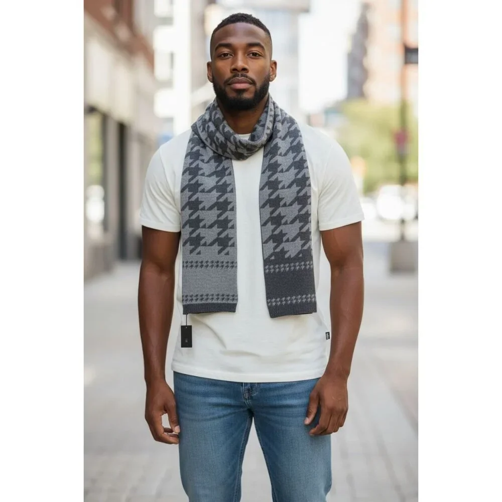 Gant Men's Houndstooth Scarf Gray 100% Lambswool Classic Winter Accessory